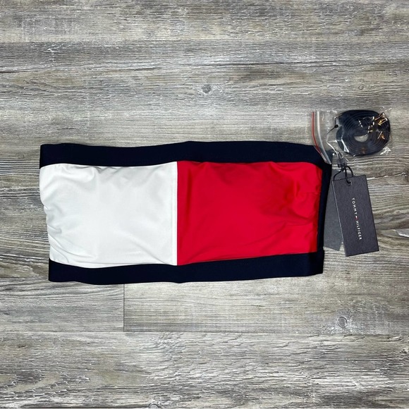 Tommy Hilfiger Women's Iconic Color Block Logo Bandeau Bikini Swim Top sz M - Picture 2 of 3